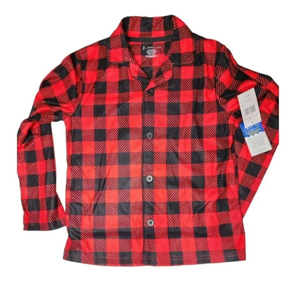 Kids PajamaGram Fleece 2 Piece Red Buffalo Plaid Button Down Pajama Set Sz 8/Med - Picture 2 of 8